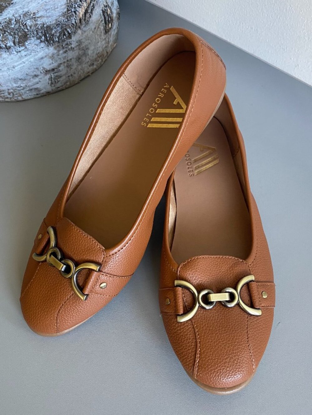 Aerosoles Bentley Tan Leather Ballet Flats Sz 8 Horse bit Gold Hardware